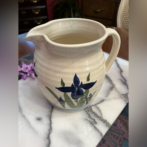 VTG Blue Iris Pottery Pitcher/Vase w Creamy Glaze on Large Ceramic Stoneware - Picture 4 of 13